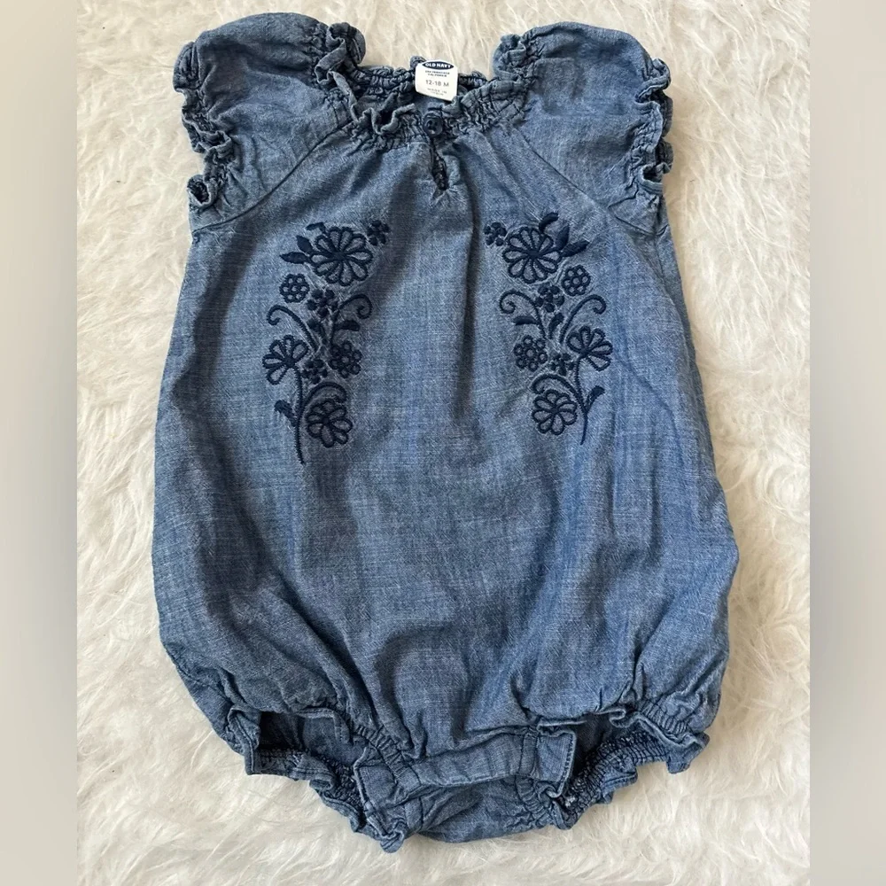 Old Navy Denim Romper Bubble with Navy Floral Design and Ruffles